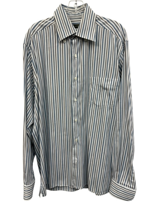 Zegna Size L White & Blue Cotton Striped Button up Men's Long Sleeve Shirt White & Blue / L