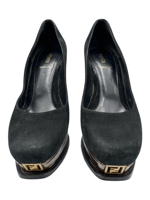 Fendi Shoe Size 37 Black & Bronze Leather Upper Suede Logo Square Toe Wedges Black & Bronze / 37