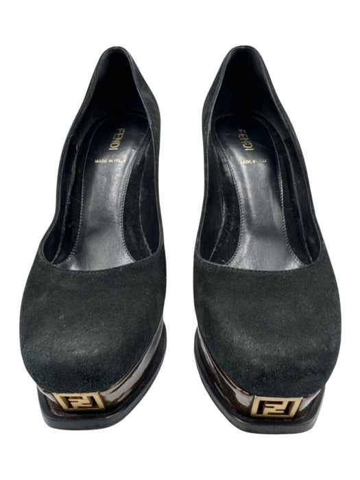 Fendi Shoe Size 37 Black & Bronze Leather Upper Suede Logo Square Toe Wedges Black & Bronze / 37