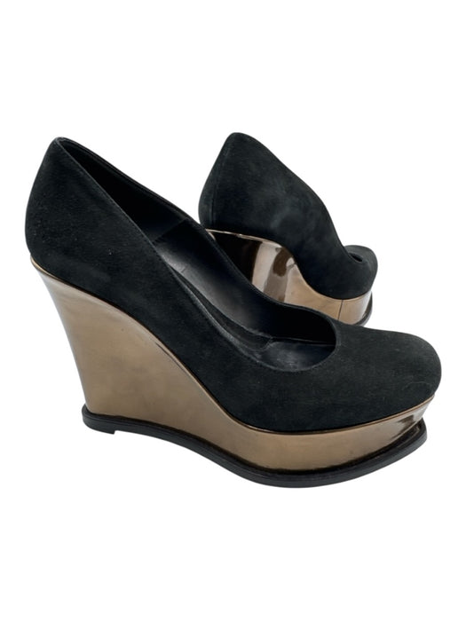 Fendi Shoe Size 37 Black & Bronze Leather Upper Suede Logo Square Toe Wedges Black & Bronze / 37