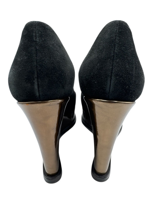 Fendi Shoe Size 37 Black & Bronze Leather Upper Suede Logo Square Toe Wedges Black & Bronze / 37
