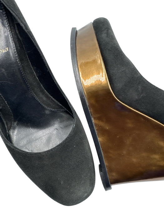 Fendi Shoe Size 37 Black & Bronze Leather Upper Suede Logo Square Toe Wedges Black & Bronze / 37