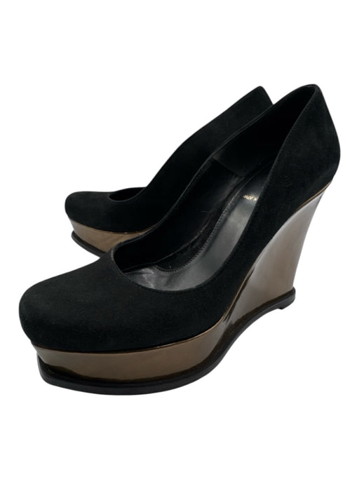 Fendi Shoe Size 37 Black & Bronze Leather Upper Suede Logo Square Toe Wedges Black & Bronze / 37