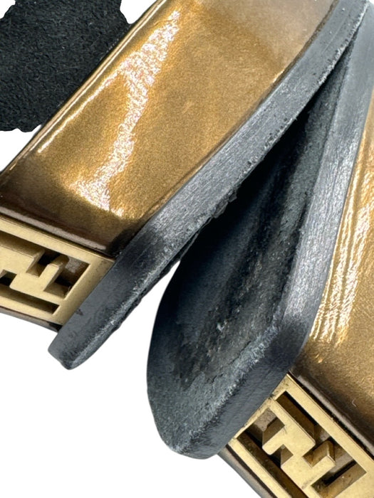 Fendi Shoe Size 37 Black & Bronze Leather Upper Suede Logo Square Toe Wedges Black & Bronze / 37