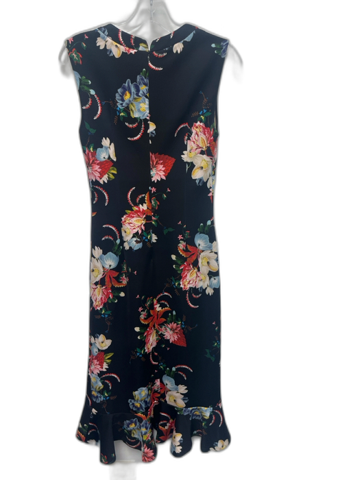 Erdem Size 8 Black, Blue, Multi Polyester Blend Jersey Floral Fluted Hem Dress Black, Blue, Multi / 8
