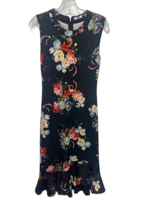 Erdem Size 8 Black, Blue, Multi Polyester Blend Jersey Floral Fluted Hem Dress Black, Blue, Multi / 8