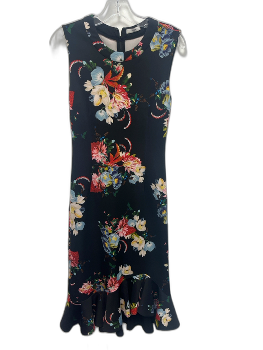 Erdem Size 8 Black, Blue, Multi Polyester Blend Jersey Floral Fluted Hem Dress Black, Blue, Multi / 8