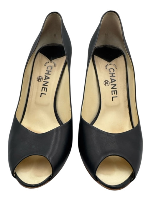 Chanel Shoe Size 42 Black Patent Leather Peep Toe Stiletto silver hardware Pumps Black / 42