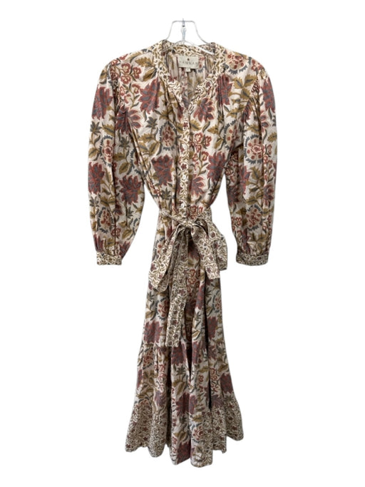 Hannah Size 1 Beige, Navy, Red Cotton Button Down Floral 3/4 Sleeve Maxi Dress Beige, Navy, Red / 1