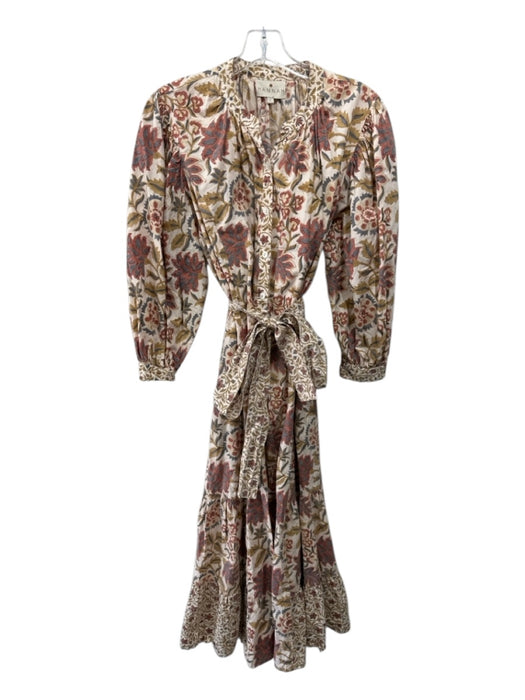 Hannah Size 1 Beige, Navy, Red Cotton Button Down Floral 3/4 Sleeve Maxi Dress Beige, Navy, Red / 1