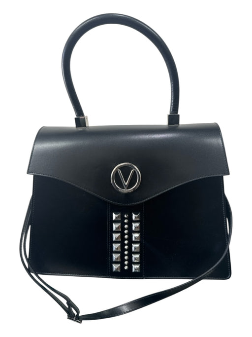 Mario Valentino Black & Silver Leather Studs Push Lock Top Handle Bag Black & Silver / L