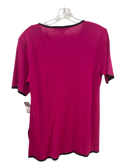 Misook Size M Fuchsia & Black Rayon Blend Trim V Neck Short Sleeve Side Slit Top Fuchsia & Black / M
