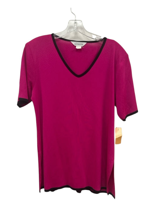 Misook Size M Fuchsia & Black Rayon Blend Trim V Neck Short Sleeve Side Slit Top Fuchsia & Black / M