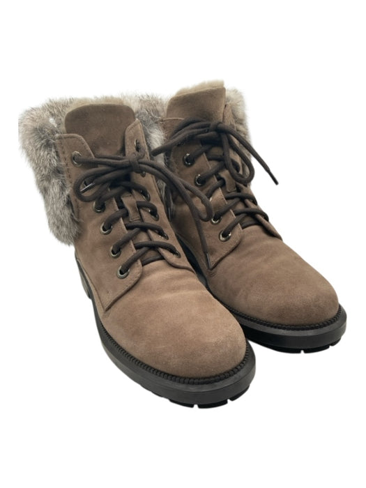 Aquatalia Shoe Size 7.5 Taupe Suede Lace Up Block Heel Rubber Outsole Boots Taupe / 7.5