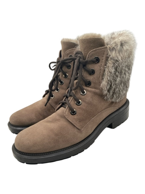 Aquatalia Shoe Size 7.5 Taupe Suede Lace Up Block Heel Rubber Outsole Boots Taupe / 7.5
