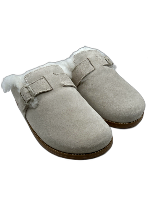 Larroude Shoe Size 8 White & Grey Suede Mule Shearling Lined Slipper Sandals White & Grey / 8