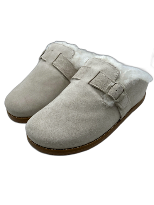 Larroude Shoe Size 8 White & Grey Suede Mule Shearling Lined Slipper Sandals White & Grey / 8