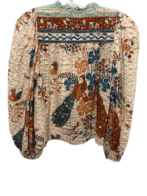 Ulla Johnson Size 2 Peach, Teal & Brown Cotton Blend Long Balloon Sleeve Top Peach, Teal & Brown / 2