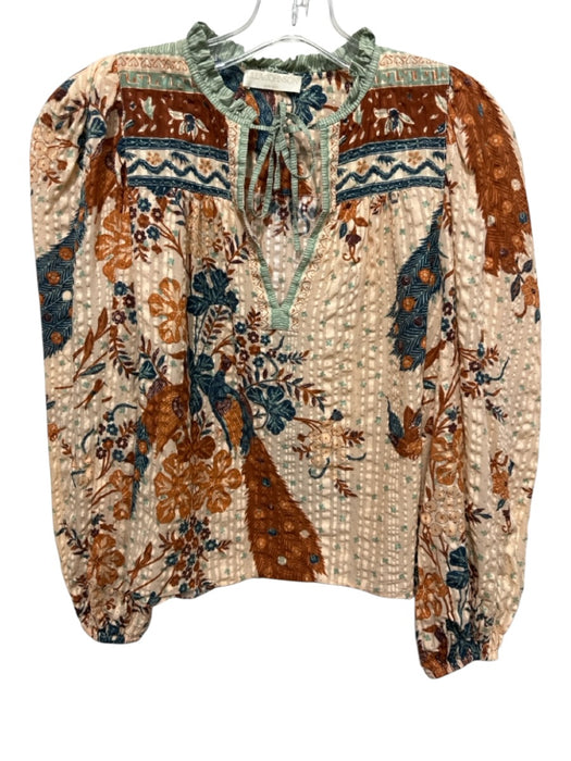 Ulla Johnson Size 2 Peach, Teal & Brown Cotton Blend Long Balloon Sleeve Top Peach, Teal & Brown / 2