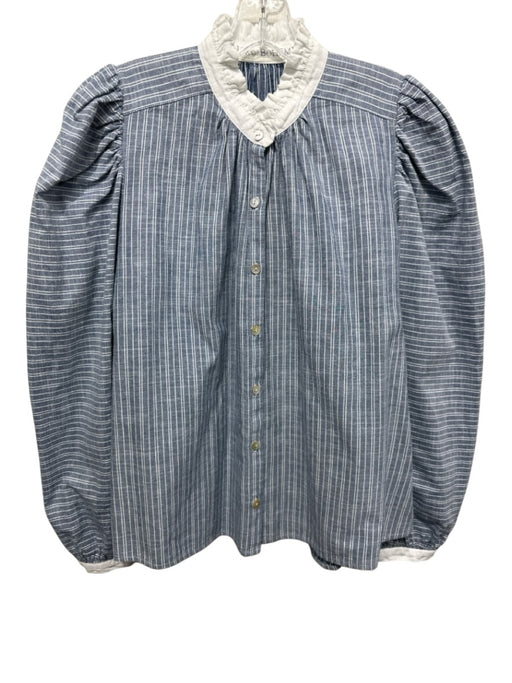 Alix of Bohemia Size M Blue & White Cotton Long Sleeve Puff Shoulder Striped Top Blue & White / M