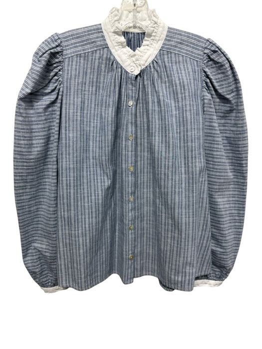 Alix of Bohemia Size M Blue & White Cotton Long Sleeve Puff Shoulder Striped Top Blue & White / M