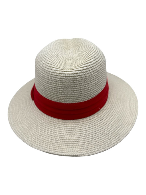 Beige & Red Straw Blend Woven Ribbon Wide Brim Fedora Hat Beige & Red / 56-58cm