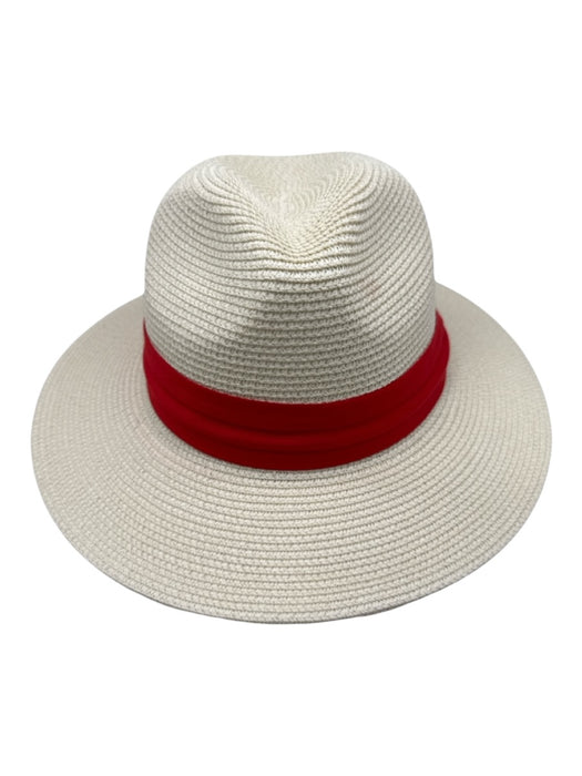 Beige & Red Straw Blend Woven Ribbon Wide Brim Fedora Hat Beige & Red / 56-58cm