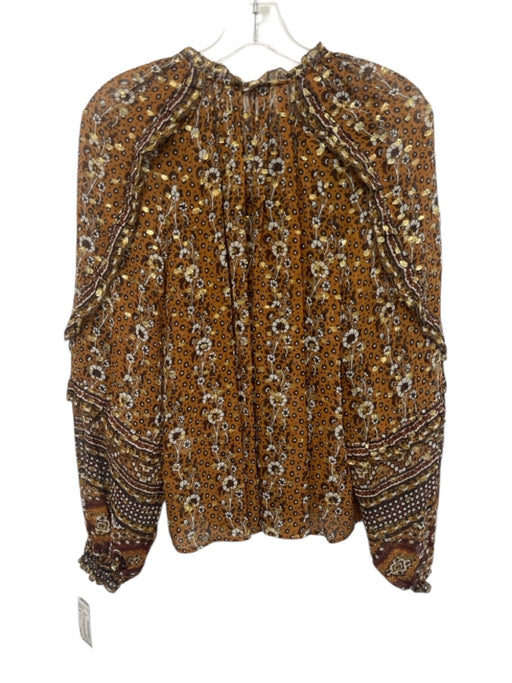 Ulla Johnson Size 8 brown, white, gold Silk Blend Long Sleeve Floral Ruffles Top brown, white, gold / 8