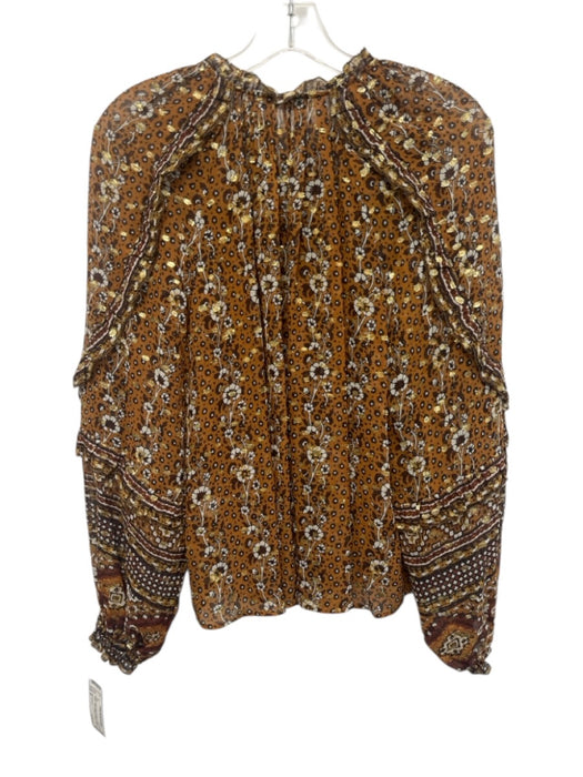 Ulla Johnson Size 8 brown, white, gold Silk Blend Long Sleeve Floral Ruffles Top brown, white, gold / 8