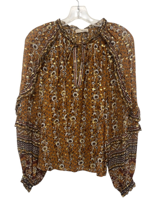 Ulla Johnson Size 8 brown, white, gold Silk Blend Long Sleeve Floral Ruffles Top brown, white, gold / 8