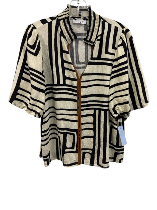 THML Size Medium Black, White, Brown Rayon Blend Half Puff Sleeve Top Black, White, Brown / Medium