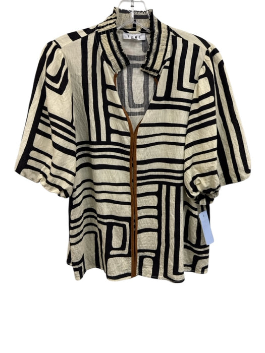 THML Size Medium Black, White, Brown Rayon Blend Half Puff Sleeve Top Black, White, Brown / Medium