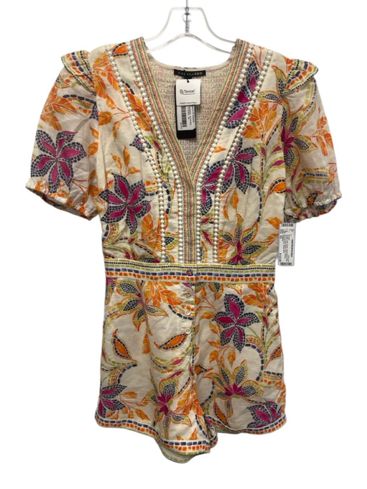 Caballero Size XS Orange, Pink, Green Tencel Blend Short Sleeve Floral Romper Orange, Pink, Green / XS