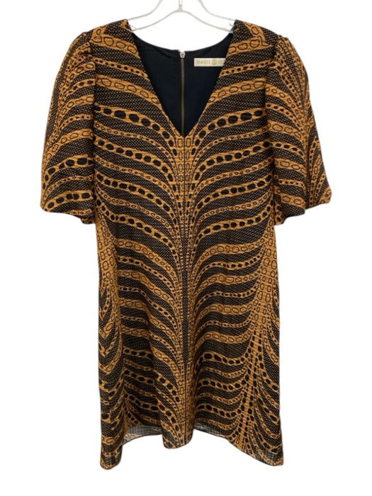 Marie Oliver Size S Black & Tan Brown Linen Blend Printed V Neck Back Zip Dress Black & Tan Brown / S