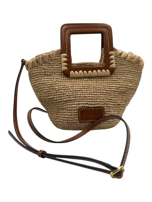 Staud Brown & Beige Raffia Top Handle Woven Tote Magnetic Clasp Bag Brown & Beige / Mini