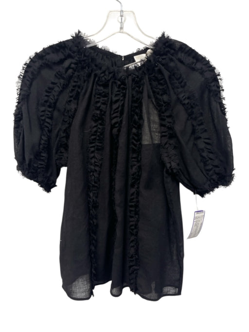 Ulla Johnson Size 2 Black Wool Short Sleeve Ruched Raw Hem Sheer Top Black / 2