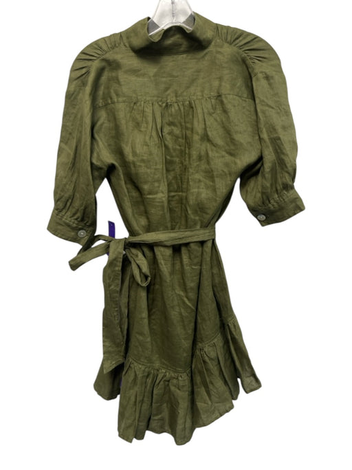 Veronica Beard Size 2 Olive Green Linen Short Puff Sleeve Quarter Button Dress Olive Green / 2