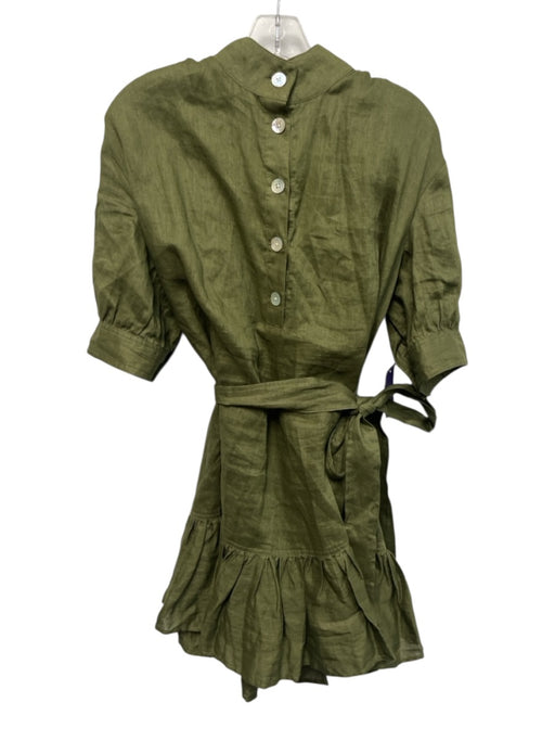 Veronica Beard Size 2 Olive Green Linen Short Puff Sleeve Quarter Button Dress Olive Green / 2
