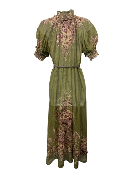 Zimmermann Size 2 Green, Pink, Brown Short Puff Sleeve Floral Shirred Maxi Dress Green, Pink, Brown / 2
