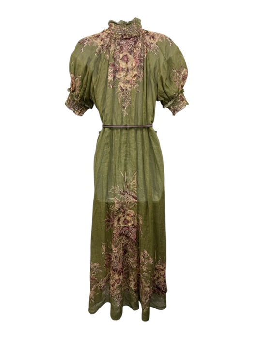 Zimmermann Size 2 Green, Pink, Brown Short Puff Sleeve Floral Shirred Maxi Dress Green, Pink, Brown / 2