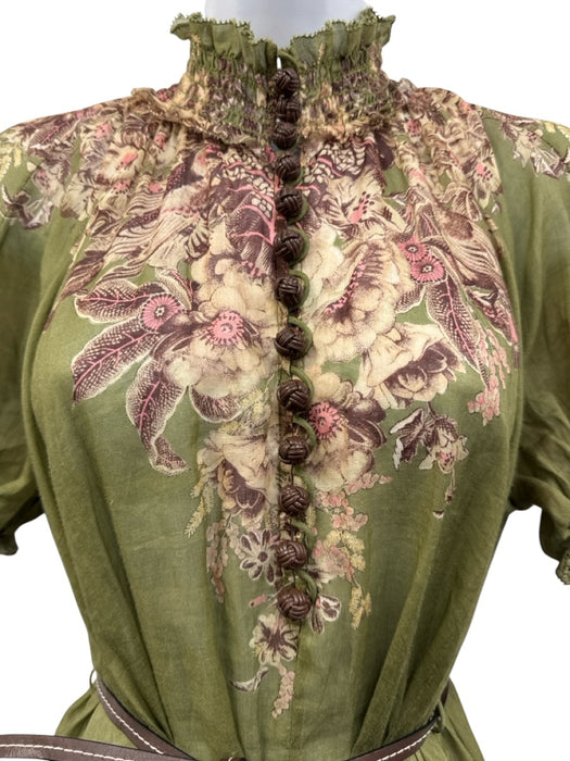 Zimmermann Size 2 Green, Pink, Brown Short Puff Sleeve Floral Shirred Maxi Dress Green, Pink, Brown / 2