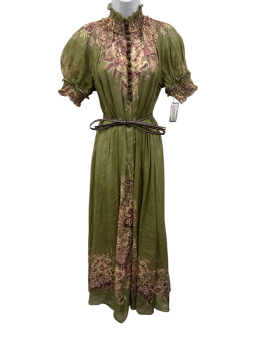 Zimmermann Size 2 Green, Pink, Brown Short Puff Sleeve Floral Shirred Maxi Dress Green, Pink, Brown / 2