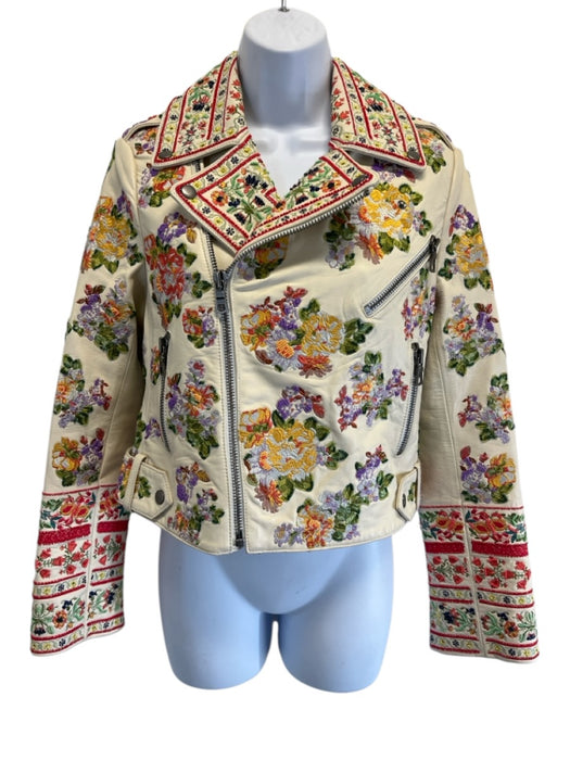 Alice + Olivia Size S White & Multi Lamb leather Floral Embroidered Jacket White & Multi / S