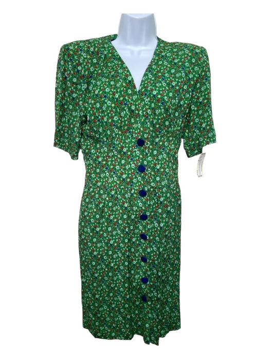 Valentino Size 38 Green Multi Missing Fabric Midi Floral Button Detail Dress Green Multi / 38