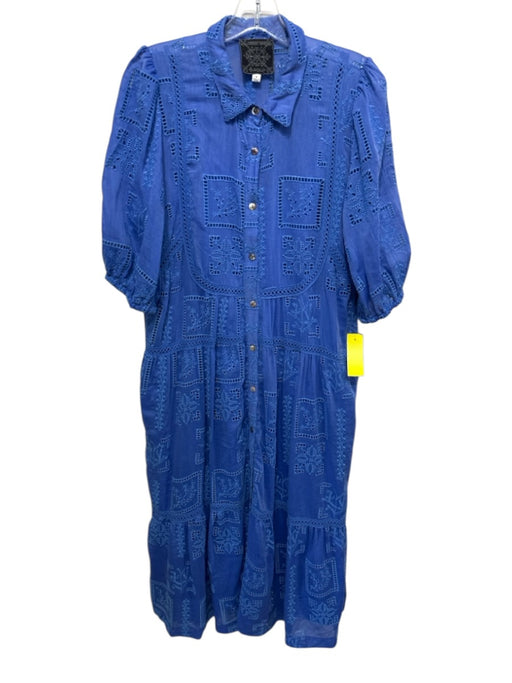Johnny Was Size M Indigo Cotton & Silk Embroidered Button Front Collared Dress Indigo / M