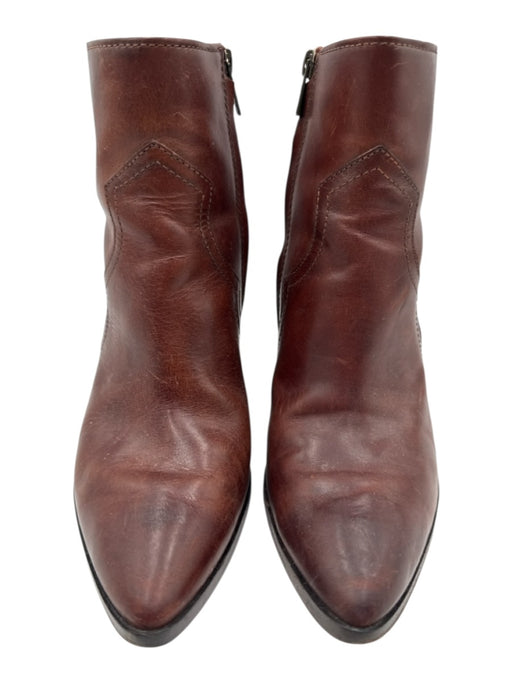 Frye Shoe Size 7.5 Brown Leather Pointed Toe Side Zip Stacked Heel Booties Brown / 7.5