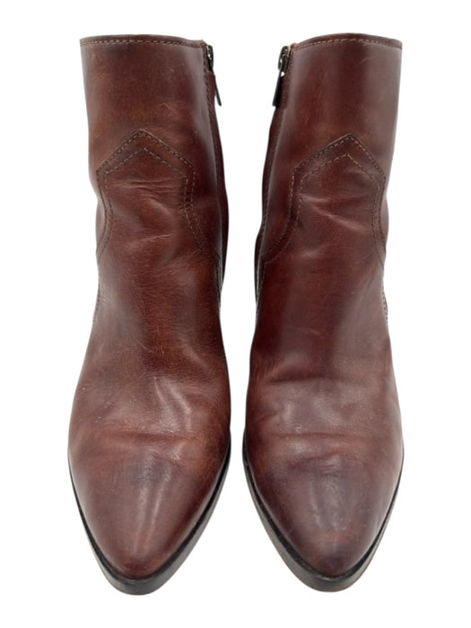 Frye Shoe Size 7.5 Brown Leather Pointed Toe Side Zip Stacked Heel Booties Brown / 7.5