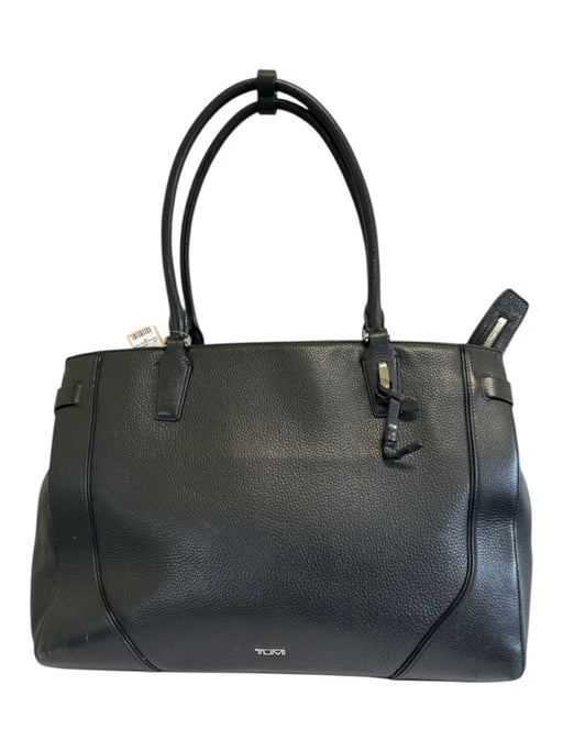 Tumi Black Pebble Leather Silver Hardware Zip Top Tote Bag Black / L