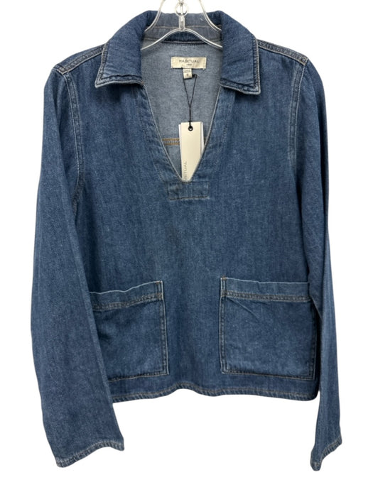 Habitual Size S Medium Wash Cotton Denim Long Sleeve Pockets Split V neck Top Medium Wash / S