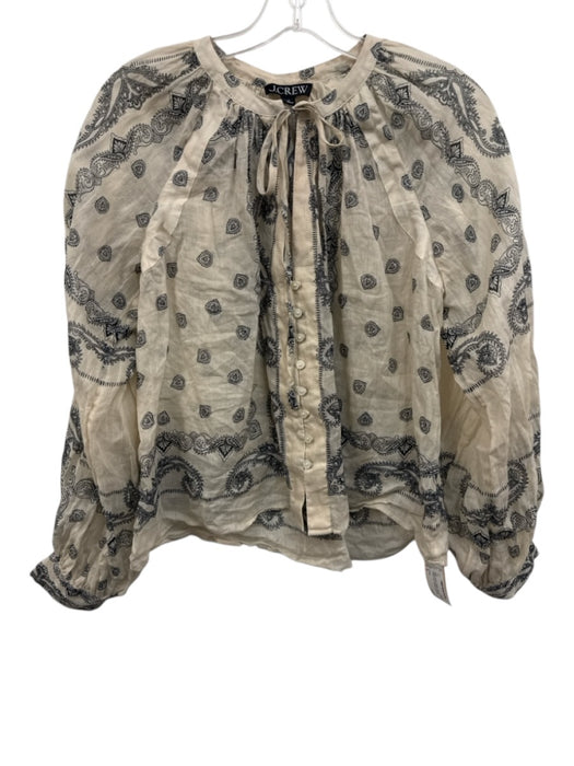 J Crew Size S Beige & Black Ramie Long puff sleeve Paisley Print Buttons Top Beige & Black / S